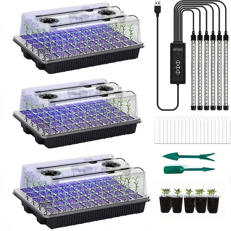 Seed Starter Tray Kit With Grow Light - 3Pack 120 Cells Seed Starter Tray